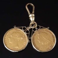 Lot 296 - Two Victorian half sovereigns on gold mount.