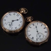 Lot 396 - Swiss open faced keyless pocket watch in gold