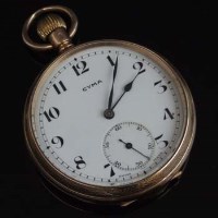 Lot 397 - Cyma gold open-faced keyless pocket watch.