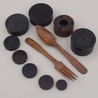 Lot 455 - Group of treen including seal boxes, ink well, fruit wood knife and fork.