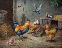 Lot 26 - R. Horton, Doves and chickens, oil