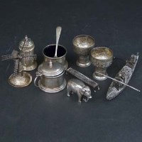 Lot 185 - Silver gondola, windmill, elephant, 3pc condiment