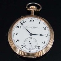 Lot 287 - 14k gold open faced keyless pocket watch by IWC