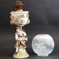 Lot 341 - Sitzendorf porcelain oil lamp and shade