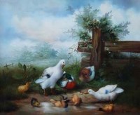 Lot 60 - R. Horton, Farmyard scene with ducks, oil