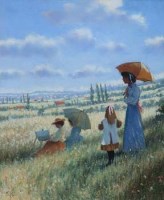 Lot 95 - James Tytler, Sunny landscape with figures, pastel