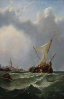 Lot 156 - Maritime School, 19th century, Sailing barge off the coast, oil