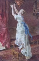 Lot 162 - G. Ronda Rossinolli, Lady standing on a chair hanging floral decoration, watercolour