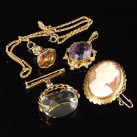 Lot 298 - Three coloured stone pendant plus cameo brooch.