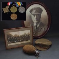 Lot 376 - A 1914-20 Medal group of four awarded to 2. LIEUT. B. WAKES, together with water bottle, cap and photographs (8)