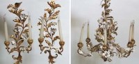 Lot 675 - Gilt metal and white ceramic roses six branch