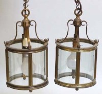 Lot 678 - Pair of cylindrical gilt metal hanging lights