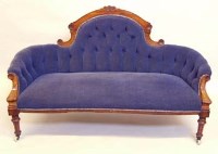 Lot 699 - Victorian sofa walnut show frame blue fabric.