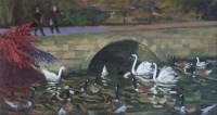 Lot 16 - Andrew Macara, Feeding the Swans, Markeaton Park, Derby, oil