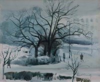 Lot 76 - Donald H. Edwards, Winter scene with figures walking in a park, watercolour