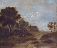 Lot 105 - Abraham Hulk Junior, Rural scene with figures and chickens, oil