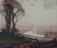 Lot 75 - Harold Whaley, Rural scene with shepherdess and flock, watercolour