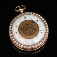 Lot 376 - Gilt, enamel and pearl fob watch.