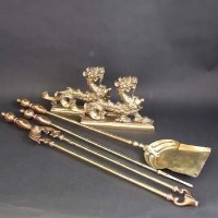 Lot 383 - Set of brass and copper fire irons plus a pair of dogs
