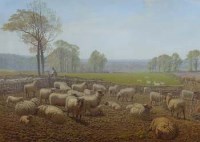 Lot 200 - Henry Birtles, Summer landscape with sheep in an enclosure, oil