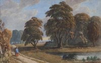 Lot 224 - John Varley, A Wooded landscape with a figure by a pond, watercolour