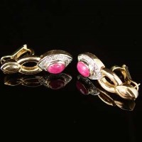 Lot 355 - Pair of ruby and diamond pendant earrings, the