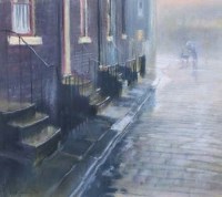 Lot 133 - Bob Richardson, Street scene with lady and pram, pastel