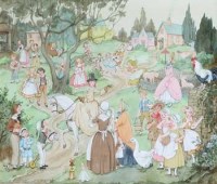 Lot 158 - Patience Arnold, busy rural scene with figures, watercolour