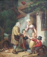 Lot 191 - J. A. Puller, Figures outside a cottage, oil