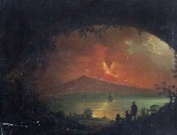 Lot 197 - Neopolitan School, 19th century, Moonlit view over The Bay of Naples, with Vesuvius erupting, oil
