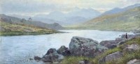 Lot 213 - B.W.L., 19th century, Lake scene with fisherman, oil