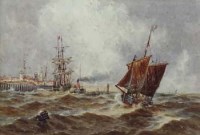Lot 232 - T.B. Hardy, coastal scene with steamer, watercolour