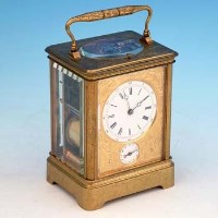 Lot 620 - Late 19th Century French alarm carriage clock in engraved case with key