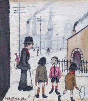 Lot 36 - Bob Jones, Street scene with figures, oil