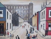 Lot 37 - Bob Jones, Manchester street scene with figures, oil