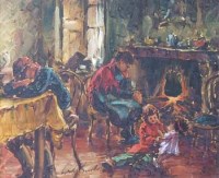 Lot 103 - English School, 20th century, Interior scene with figures, oil