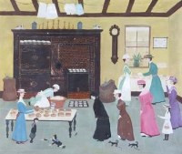 Lot 109 - After Helen Bradley, interior scene with figures, oil