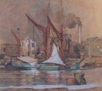 Lot 164 - Leslie Moffat Ward, Stroud waterfront below Rochester Bridge, watercolour