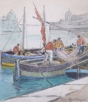 Lot 166 - Georges Andrique, Fishermen mending the nets, Calais and four other rural scenes, watercolour (5)