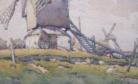 Lot 167 - F. Beaugrand, Rural landscape with windmill and canal scene, watercolour (2)