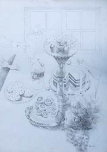 173 - Mary Fedden, Afternoon tea, pencil