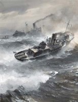 Lot 177 - C. E. Turner, A Corvette guards a convoy in the Battle of the Atlantic, gouache