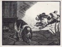 Lot 232 - C. F. Tunnicliffe, Spaniels on flagged floor, woodcut