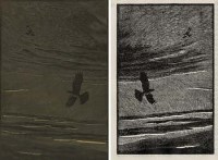 Lot 270 - C.F. Tunnicliffe, buzzards in the evening sky, woodblock
