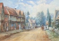 Lot 325 - F.W. Burton, street scene with wedding party leaving the church, watercolour