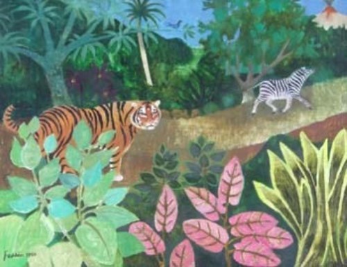 Lot 53 - Mary Fedden, Tropical forest with tiger and zebra, oil
