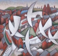 Lot 68 - Jiri Borsky, Doves over the Potteries, acrylic
