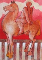 Lot 86 - Geoffrey Key, horse and rider, mixed media