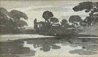 Lot 223 - John Varley, lake landscape with ruins, sepia wash