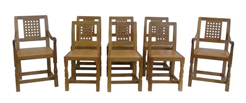 Lot 372 - Eight Mouseman dining chairs